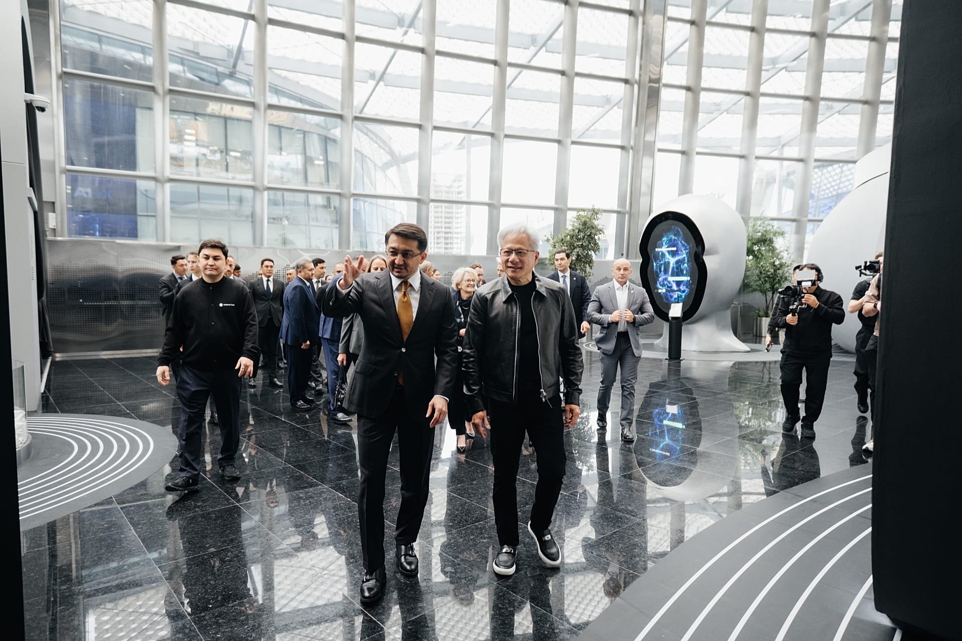 Nvidia CEO Jensen Huang visits Alem.ai with Kazakhstan's Deputy Prime Minister Zhaslan Madiyev in Astana.