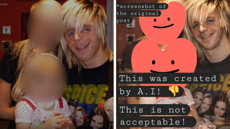 AI tomonidan tahrirlanganidan oldingi va keyingi foto. Suratda Jono ikki bolani quchoqlab, Spice Girls futbolkasida turibdi.