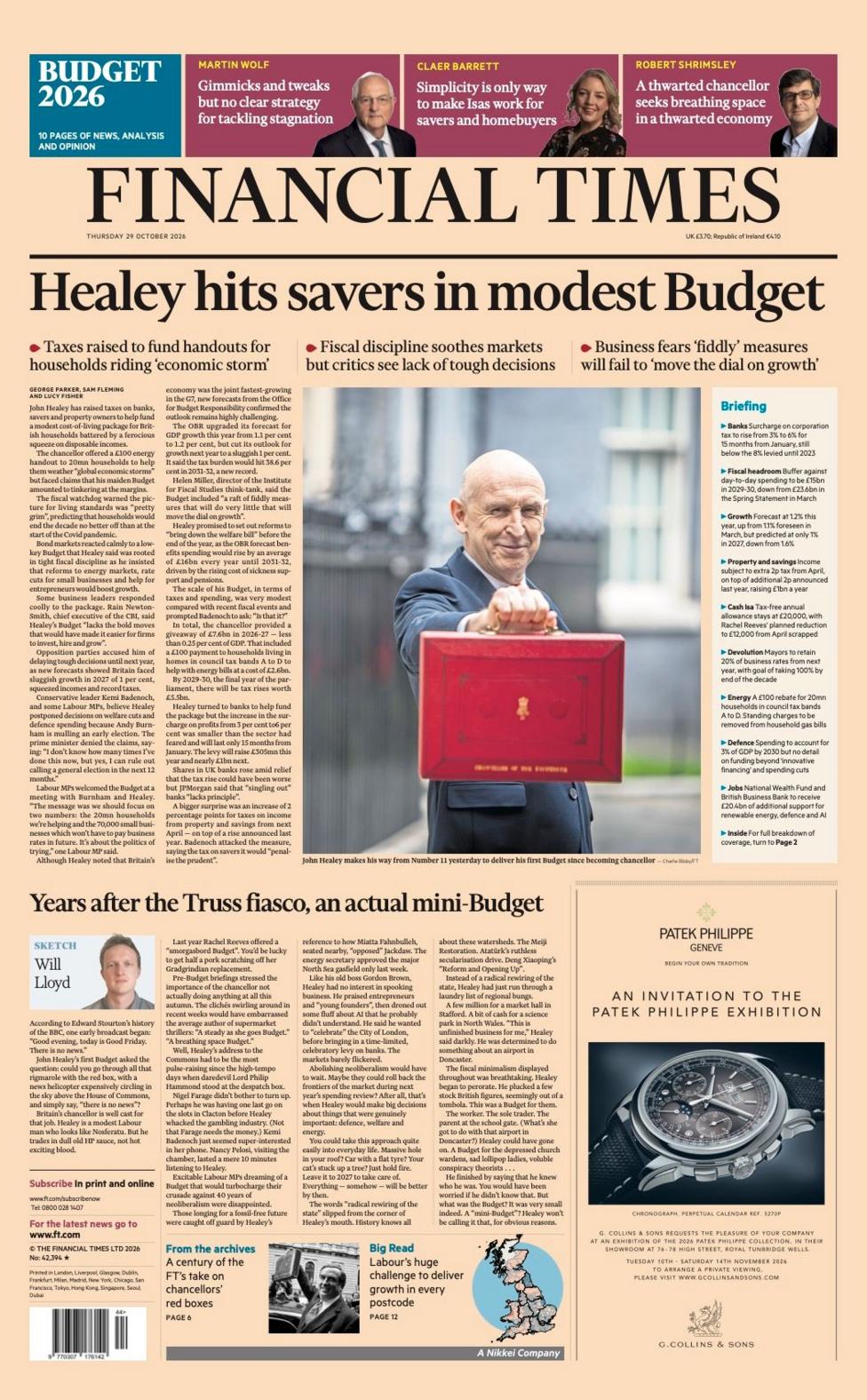 Financial Times gazetasi birinchi sahifasidagi sarlavha: «Hilay o‘rtacha byudjetda jamg‘aruvchilarga zarba berdi».