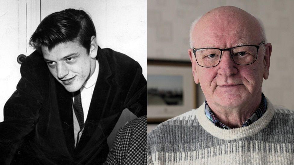 On the left, a black and white photo shows Mel in a black suit and tie. On the right, a modern photo shows Mel in a sweater with glasses.