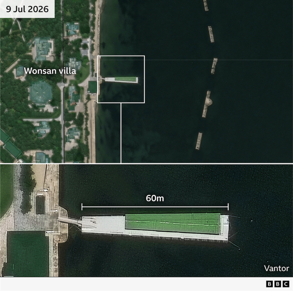 A satellite image taken on 9 July 2026 showing a 60-metre-long vessel anchored off Wonsan Villa, alongside a close-up of the vessel.