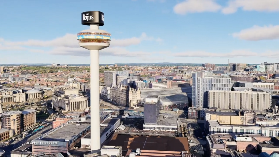 A CGI impression of how St Johns beacon could look features a large black banner with The Beatles logo in white writing.