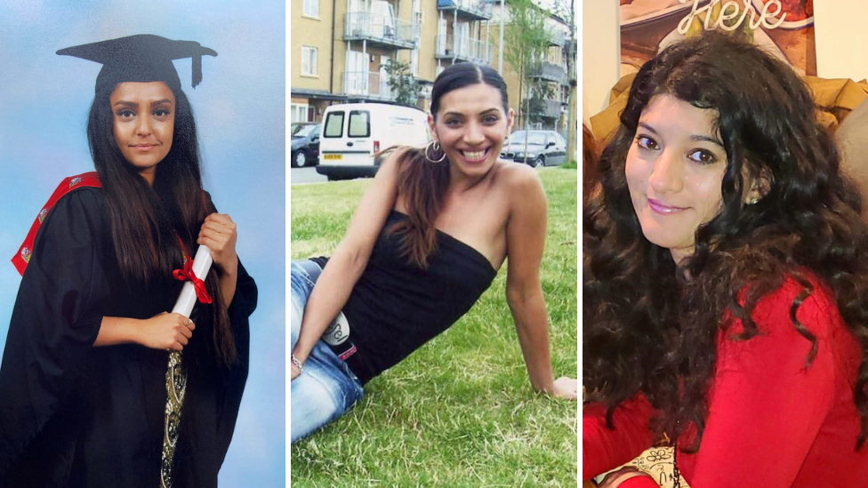 A composite image of Sabina Nessa, who is wearing a graduation gown and hat clutching a scroll of paper; Jan Mustafa who is leaning on her left arm smiling towards the camera while on some green grass and Zara Aleena who is wearing a red outfit and smiling towards the camera