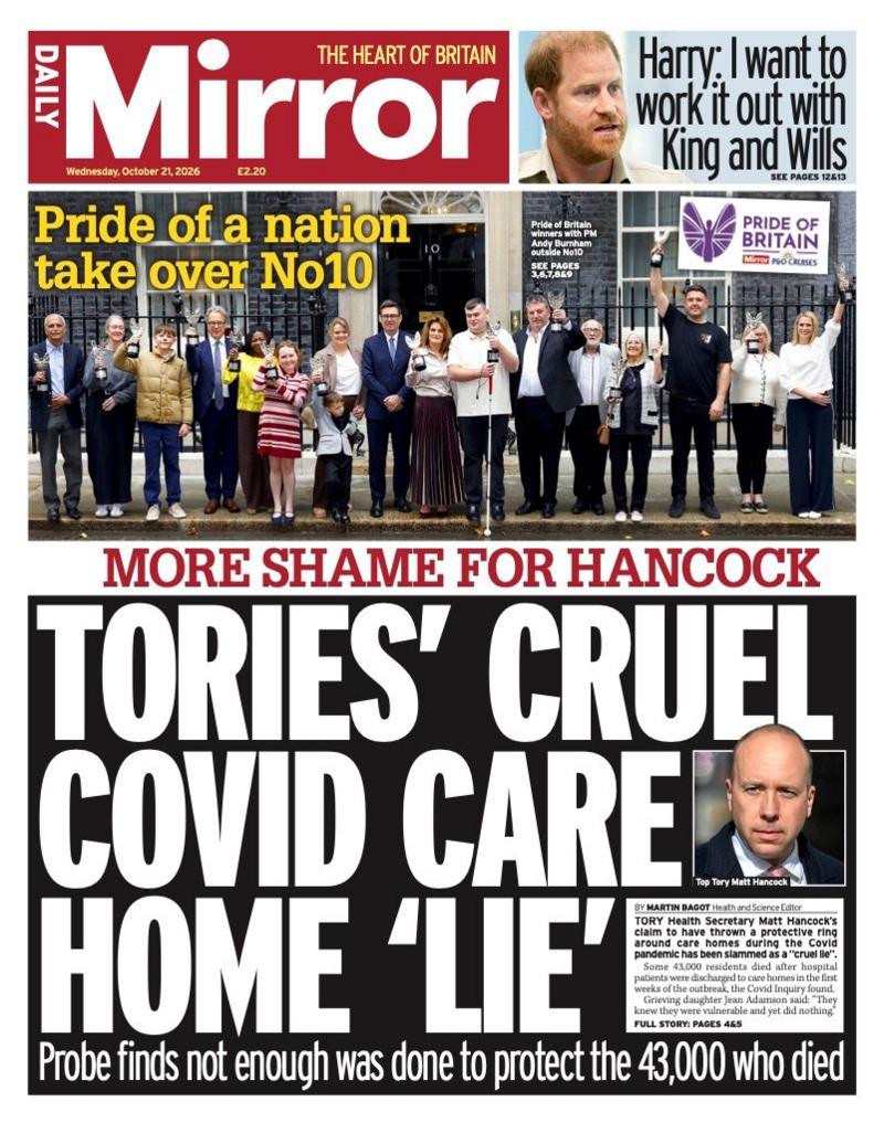 The headline on the front page of the Mirror reads: “Tories' cruel Covid care home 'lie'”.