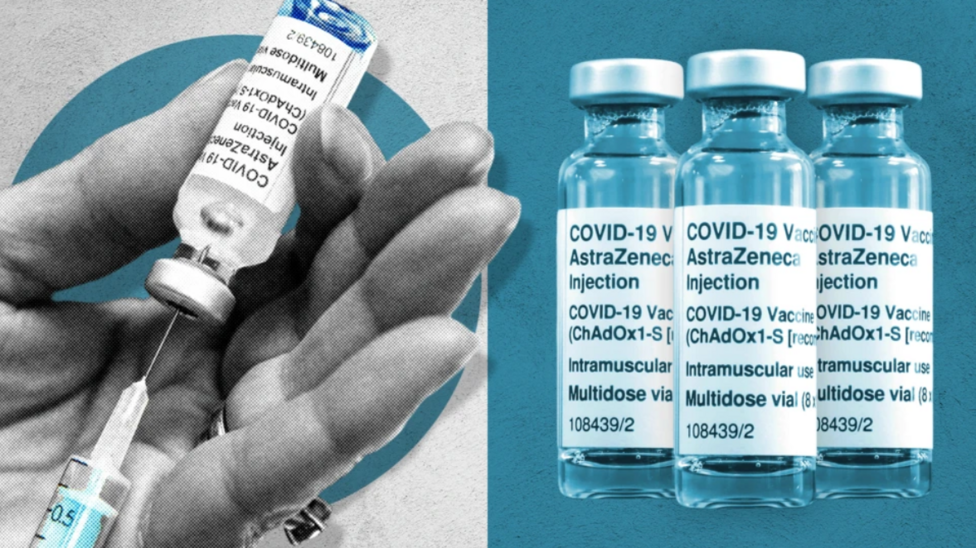 A collage showing two separate images - on the left, a hand holding a Covid vaccine and syringe, and on the right, three vials containing the AstraZeneca Covid vaccine. The images are in three colourways - grey, white and blue.