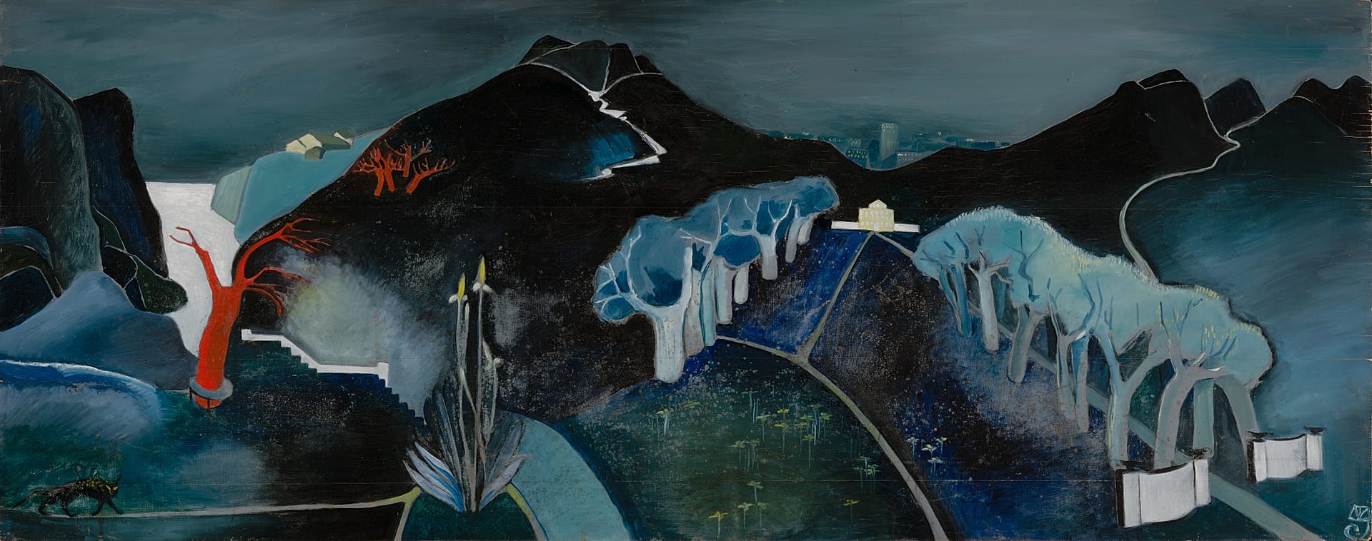Tove Jansson, Mysterious Landscape (taxminan 1930–1939). Finlandiya milliy galereyasi. Kolleksiya / Ateneum san'at muzeyi.