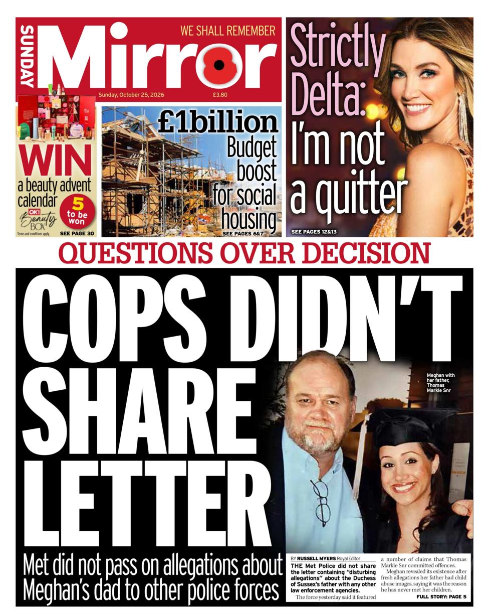 'Cops didn't share letter,' reads the headline on the front page of the Sunday Mirror.