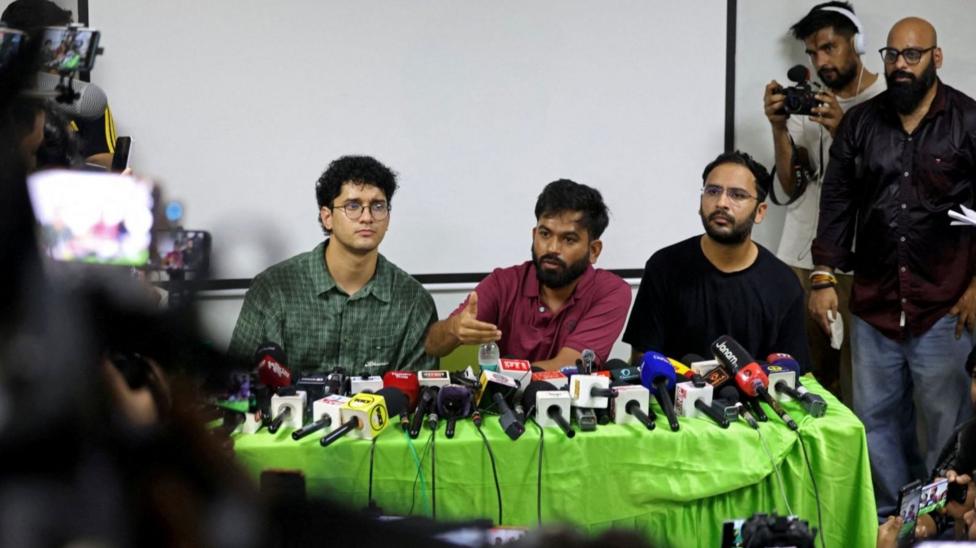 Abhijeet Dipke, head of the Cockroach Janta Party (CJP) speaks as the party's convenors Ashutosh Ranka and Saurav Das look on during a press conference to demand resignation of India's Chief Election Commissioner Gyanesh Kumar, in New Delhi, India, September 24, 2026. REUTERS/Bhawika Chhabra