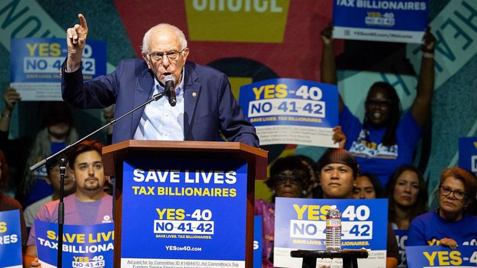 US Senator Bernie Sanders speaks at the 'Ballots Over Billionaires' rally on Monday, Oct. 5, 2026 in Los Angeles, CA.