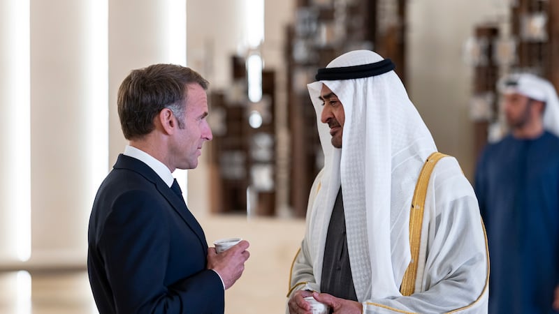 An official reception ceremony was held for Mr Macron, who is in the UAE on an official visit as part of his tour of the Gulf. UAE Presidential Court