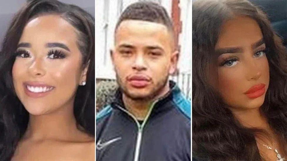 Three pictures of young people in a compilation, side by side. On the left and right are young girls with long dark, wavy hair. In the middle is a young man with  short brown hair and facial hair, wearing a navy and blue Nike jacket.
