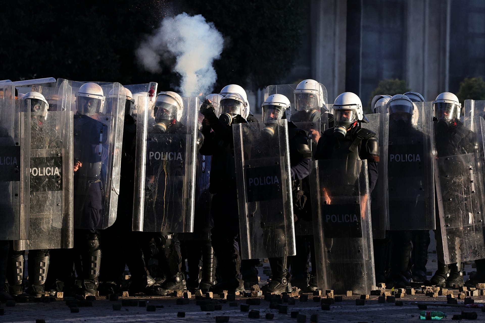 Riot police fire tear gas at protesters during an anti-government demonstration in Tirana, Albania, Friday, 16 Oct., 2026.