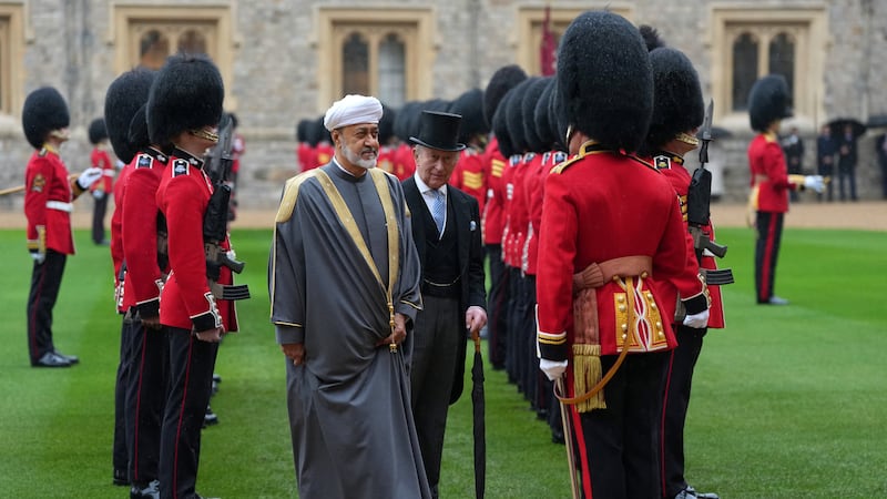 Sultan Haitham and King Charles inspect the guard of honour at Windsor Castle. Reuters