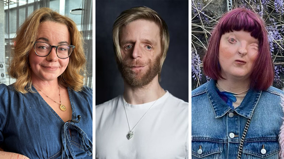 A composite image of three people with visible differences. Rhiannon has blonde wavy hair, wears glasses and is wearing a denim blue dress. Jono has blond hair and is wearing a white t-shirt. Kirsty has purple hair, and is wearing a denim jacket with pink fluffy sleeves.