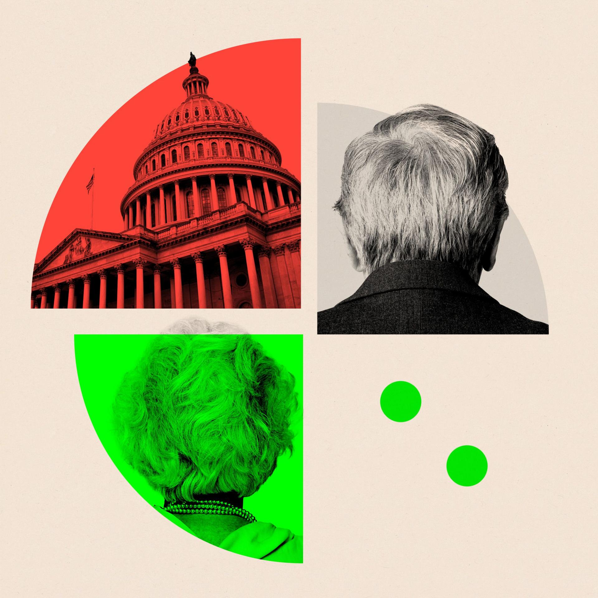 A split image showing the US Capitol and the backs of a man's head and a woman's head, overlaid with red and green design elements