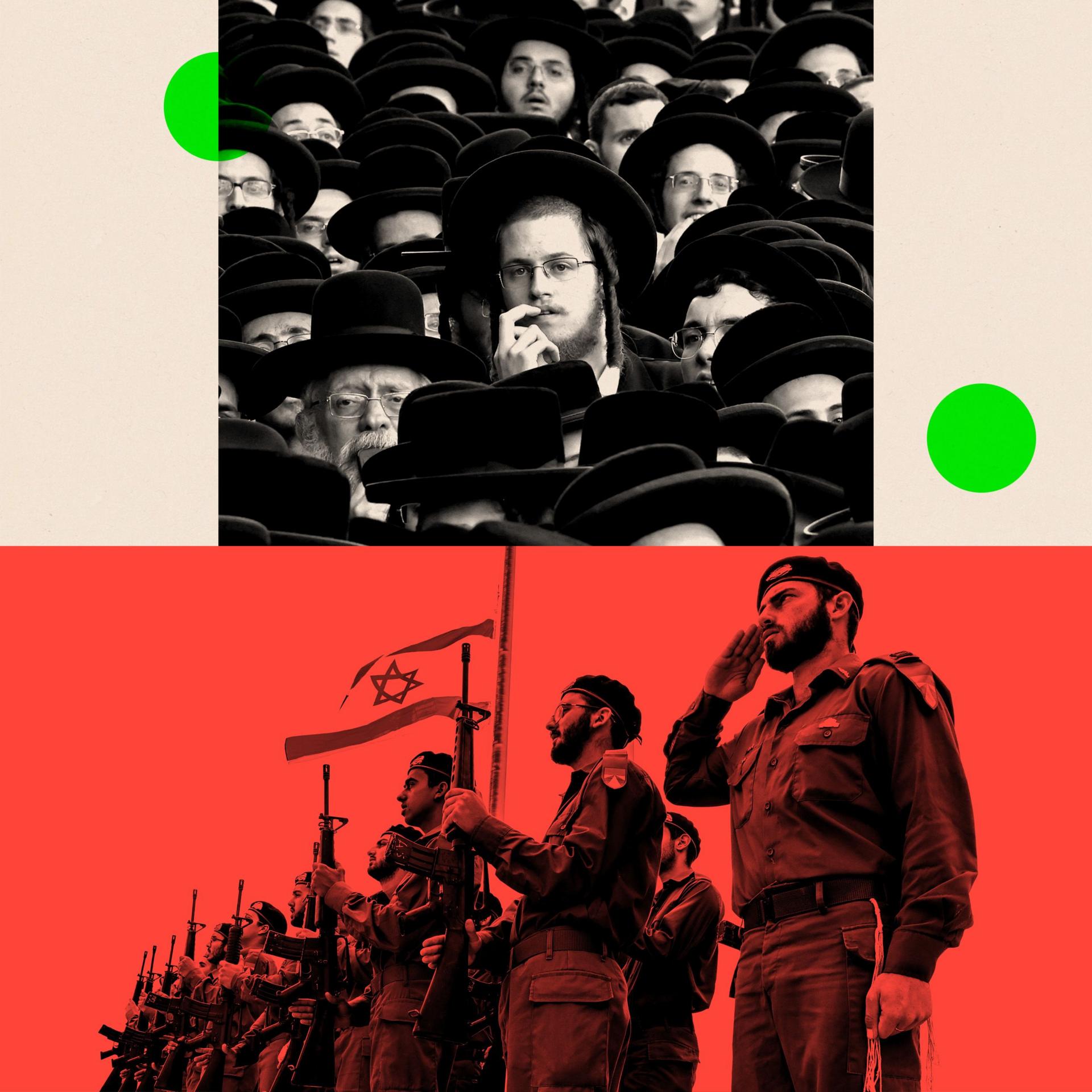 Составное изображение: вверху протестующие мужчины-харедим, внизу — шеренга солдат Армии обороны Израиля. Изображения наложены на красные и зелёные графические элементы.