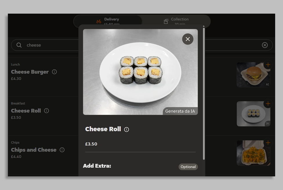 A screenshot of an AI-generated image on Just Eat showing a white plate of sushi rolls with cheese in them. The description says