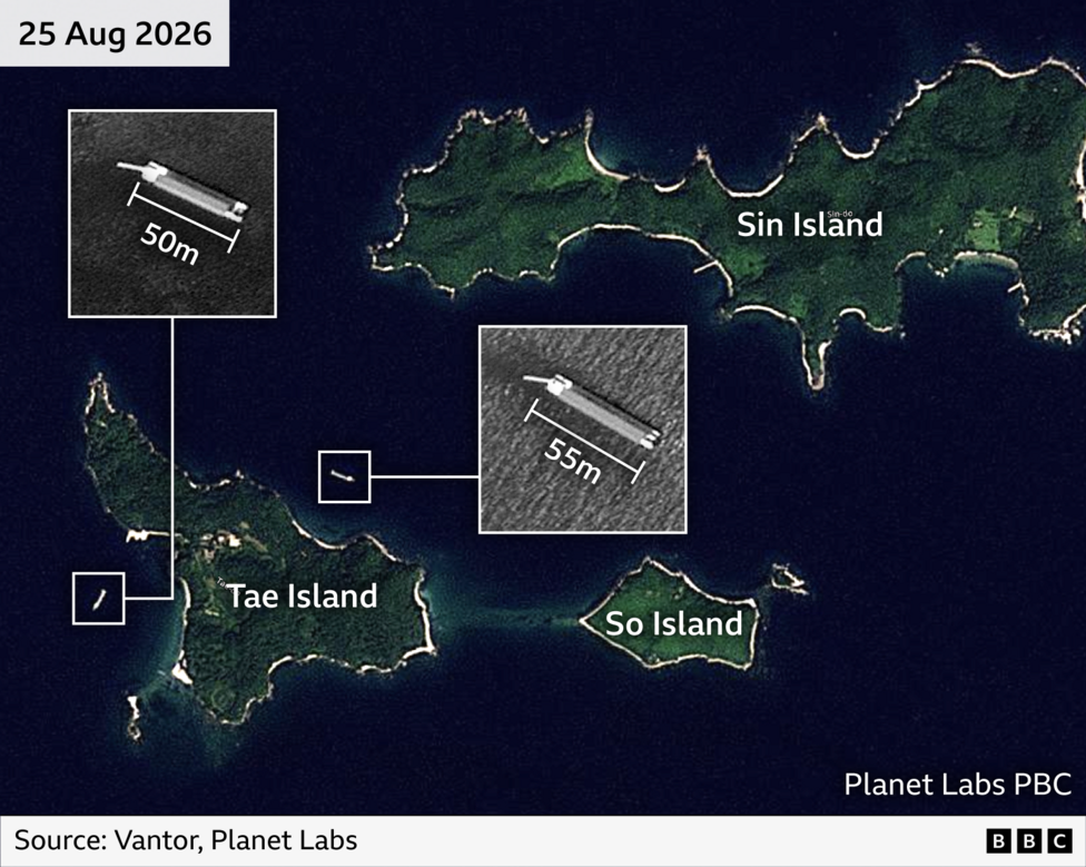 A satellite image dated 25 Aug 2026 shows two vessels, the 50m and 55m, off Tae and Sin Islands close to Wonsan.