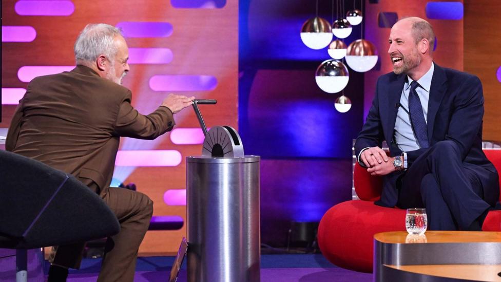 Shahzoda Uilyam Graham Norton shousida Norton bilan gaplashayotib kulmoqda
