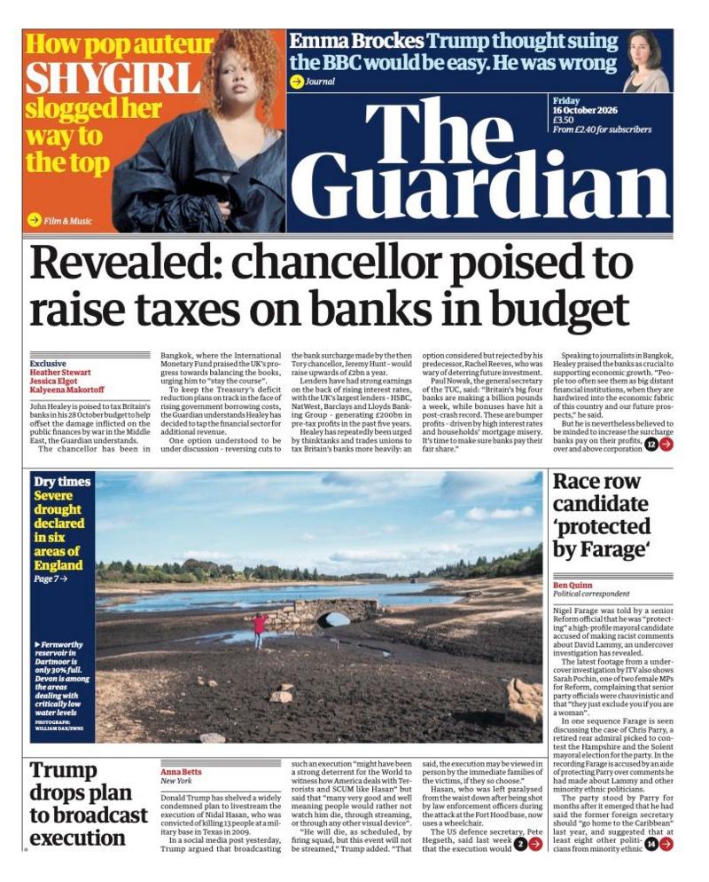The headline on the front page of the Guardian reads: 'Revealed: chancellor poised to raise taxes on banks in budget.'