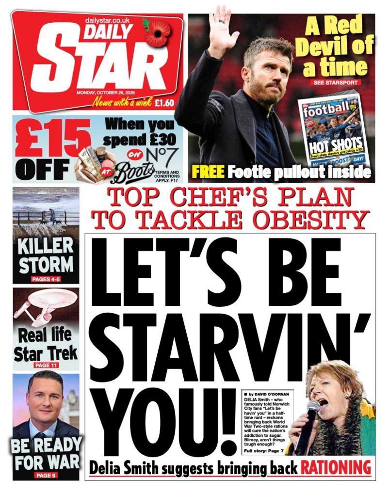 The headline on the front page of the Daily Star reads: “Let’s be starvin’ you!”.