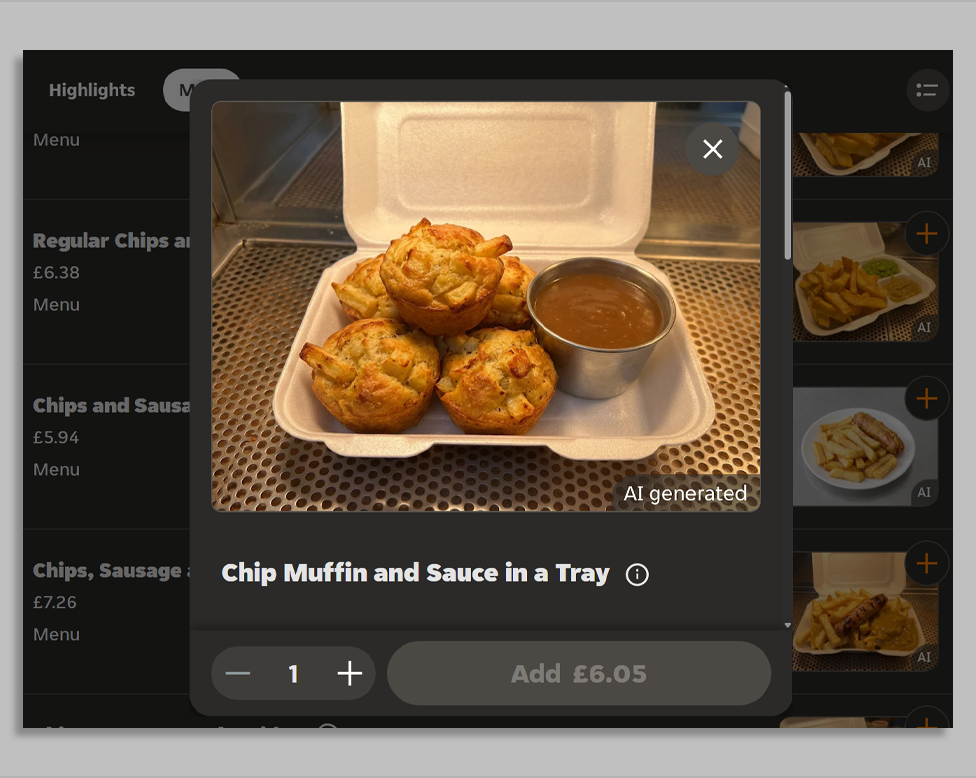 A screenshot of an AI-generated image on Just Eat showing a white box of several