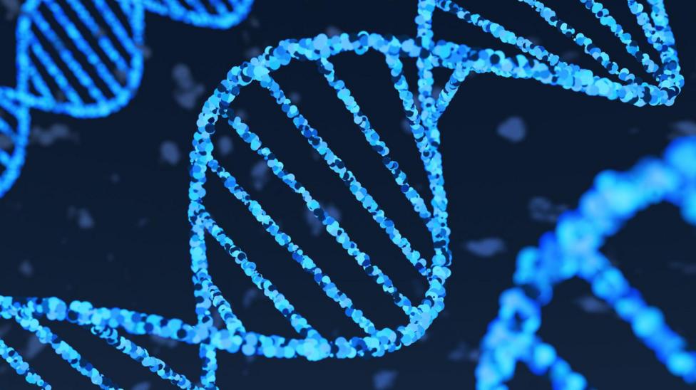 An illustration of neon-glowing blue DNA strands floating in black fluid