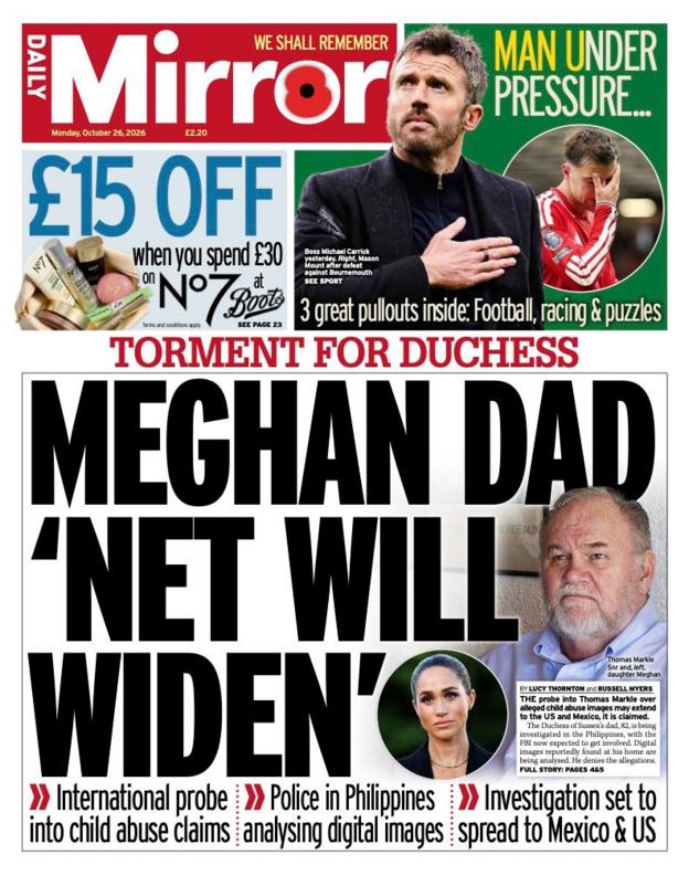 The headline on the front page of the Daily Mirror reads: “Meghan dad ‘net will widen’”.