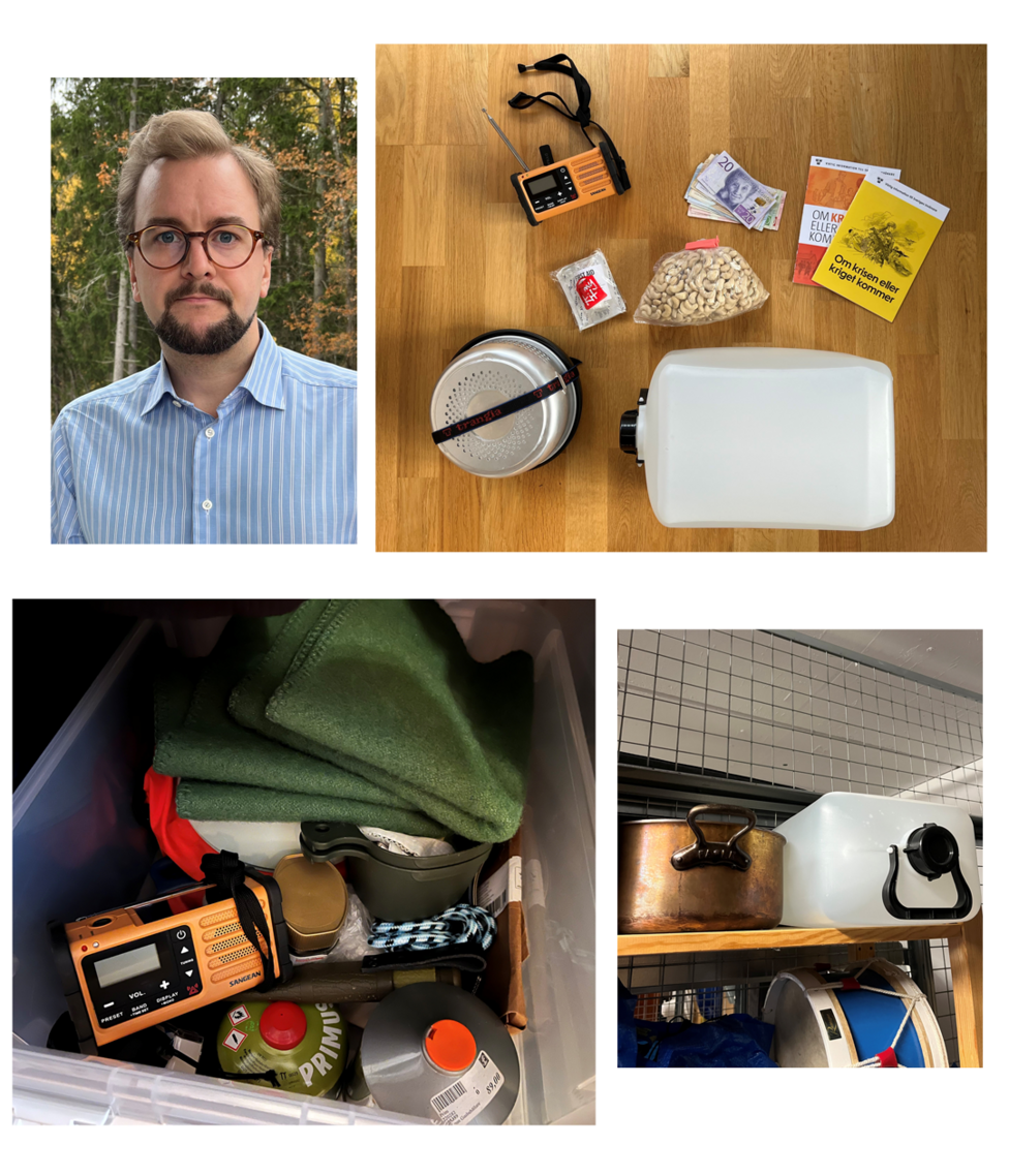 Pictures of Andreas Wennerberg and his emergency supplies