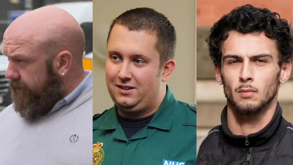 A composite image of three of the defendants - one is bald with an earring and has a big beard, the other is in a green uniform with brown hair and the oter is in a black zip up top with curly hair, a beard and earrings
