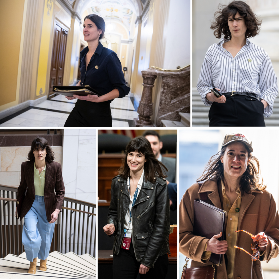 Collage of five photographs of Marie Gluesenkamp Perez wearing different outfits. She is shown in a navy shirt and black trousers in a congressional building, a blue-and-white striped shirt with dark trousers, a brown pinstriped blazer with a pale green polo shirt and light blue trousers, a black leather jacket over a white shirt, and a camel-coloured coat and baseball cap while carrying a folder.