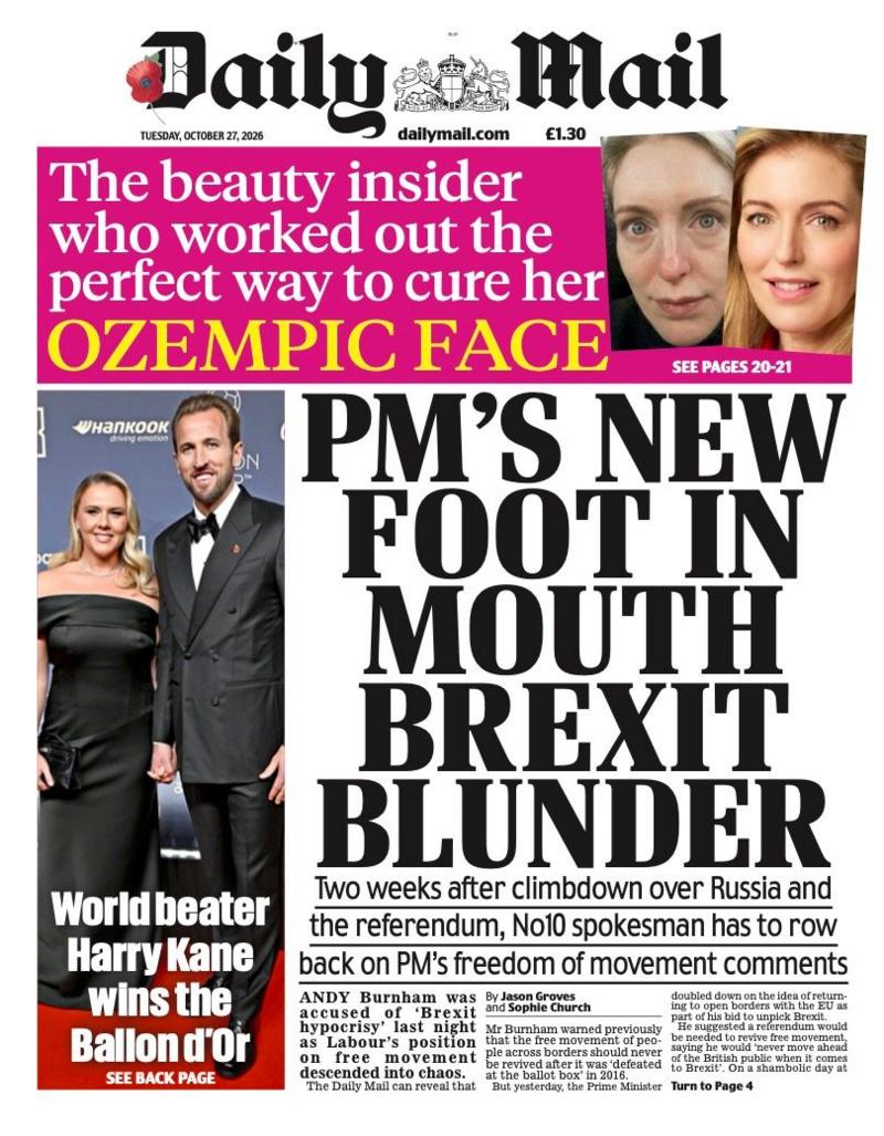 Daily Mail gazetasi birinchi sahifasidagi sarlavha: «Bosh vazirning tilga tegib qolgan yangi Brexit xatosi».