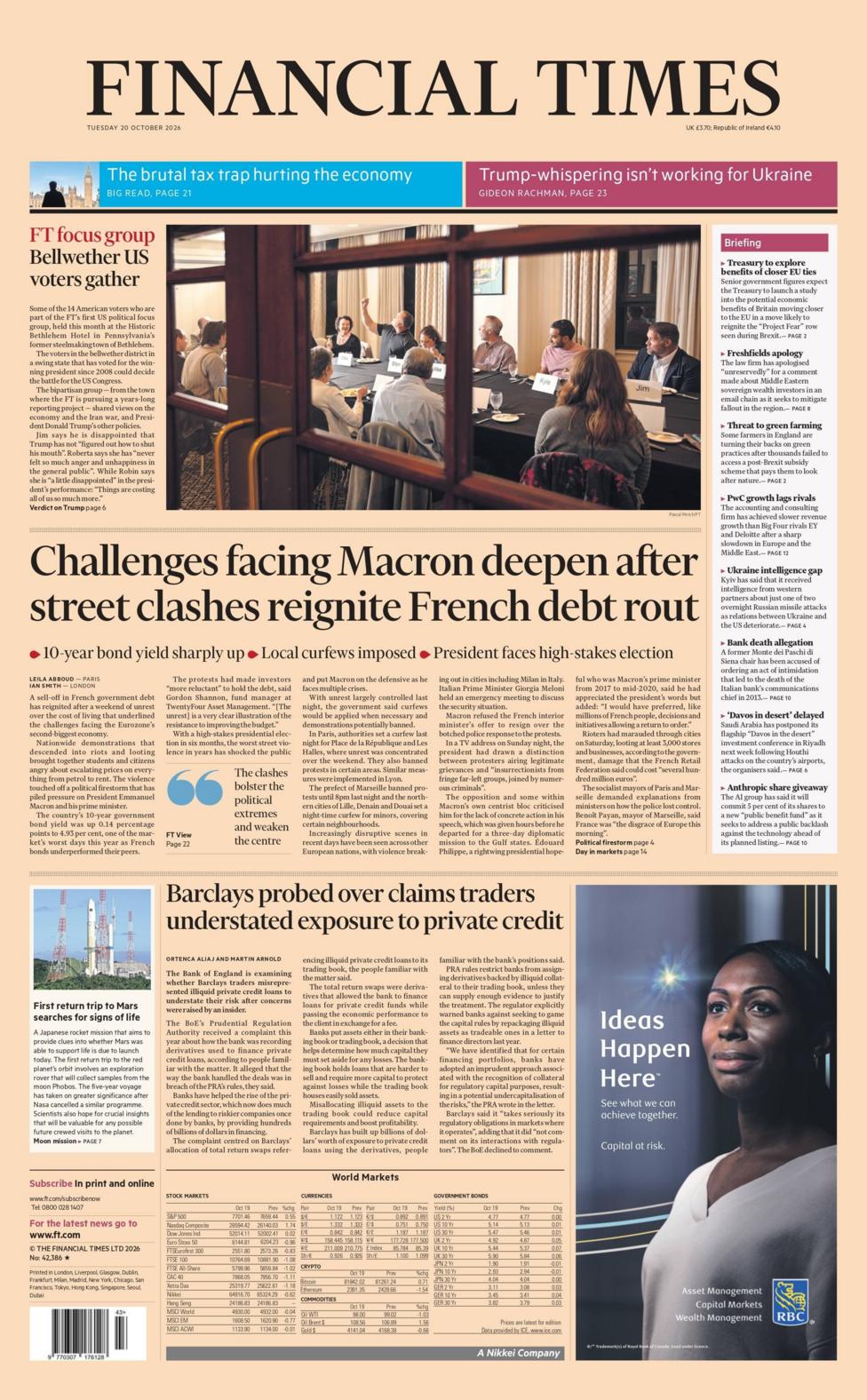 "Challenges facing Macron deepen after street clashes reignite French debt rout," reads the headline on the front page of the Financial Times.