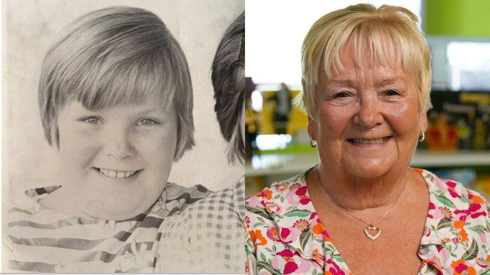 On the left is Denise in a stripey top as a child. As an adult, she has white short white hair, and is wearing a floral dress and smiling.