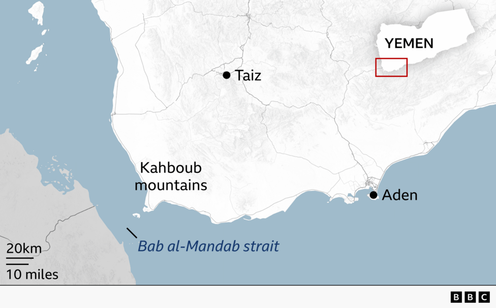 Yamanning janubi-g'arbiy qismidagi xarita: Kahboub tog'lari, Taiz, Aden va Bab al-Mandab bo'g'ozining joylashuvi ko'rsatilgan