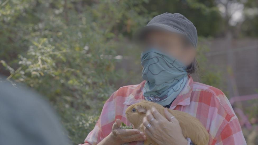 Jessica is wearing a grey cap, with a scarf pulled over her nose, obscuring the lower part of her face. The exposed part of her face is blurred. She is wearing a red and white checked shirt. She is holding a guinea pig in her left hand and feeding it some lettuce from her right.