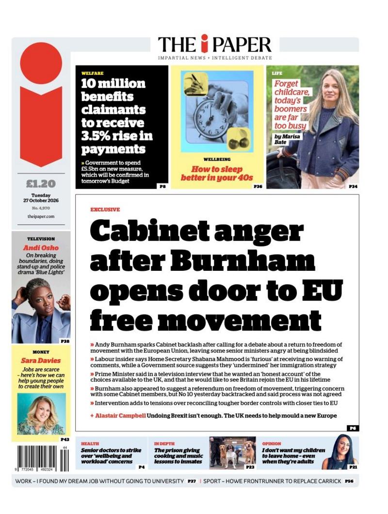 The i Paper gazetasi birinchi sahifasidagi sarlavha: «Bernxem YI bilan erkin harakatlanish eshigini ochgach, vazirlar mahkamasida g‘azab».