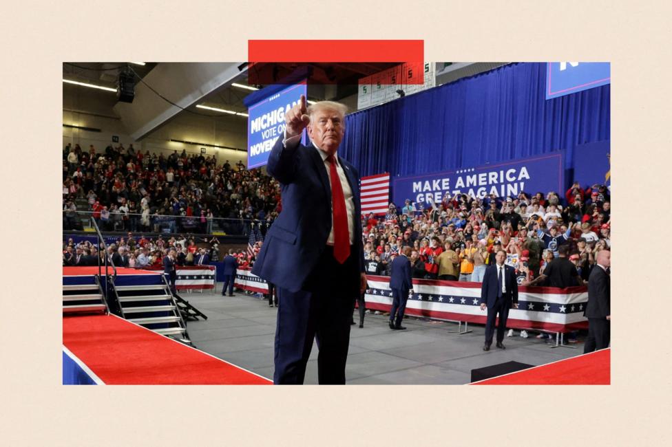 US President Donald Trump attends a rally, in support of Republican US Senate candidate, former US Representative Mike Rogers, ahead of the midterm elections, at an entertainment complex in Port Huron, Michigan, US, October 25, 2026.