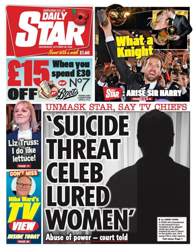 The headline on the front page of the Daily Star reads: 'Suicide threat celeb lured women'.
