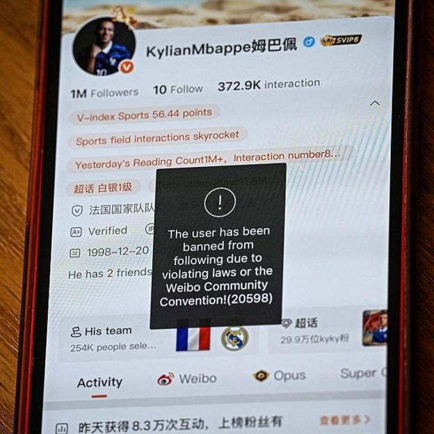 This photo illustration shows French football star Kylian Mbappe's Chinese social media Weibo account displaying the message: 'The user has been banned from following due to violating laws of the Weibo Community Convention'.