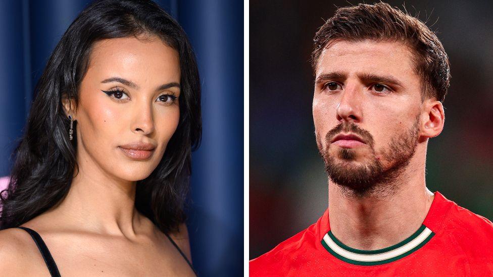 A composite image showing Maya Jama (left) wearing a black dress, and Ruben Dias (right) wearing a red football shirt