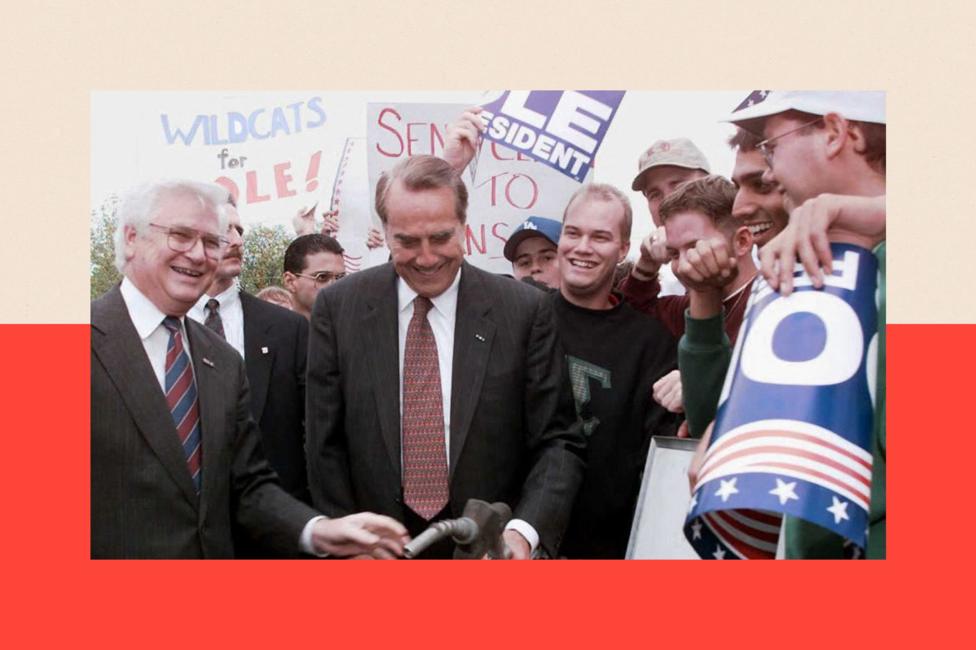 Hal Rogers on the far left next to Bob Dole at a gas pump. They are surrounded by supporters holding Dole signs