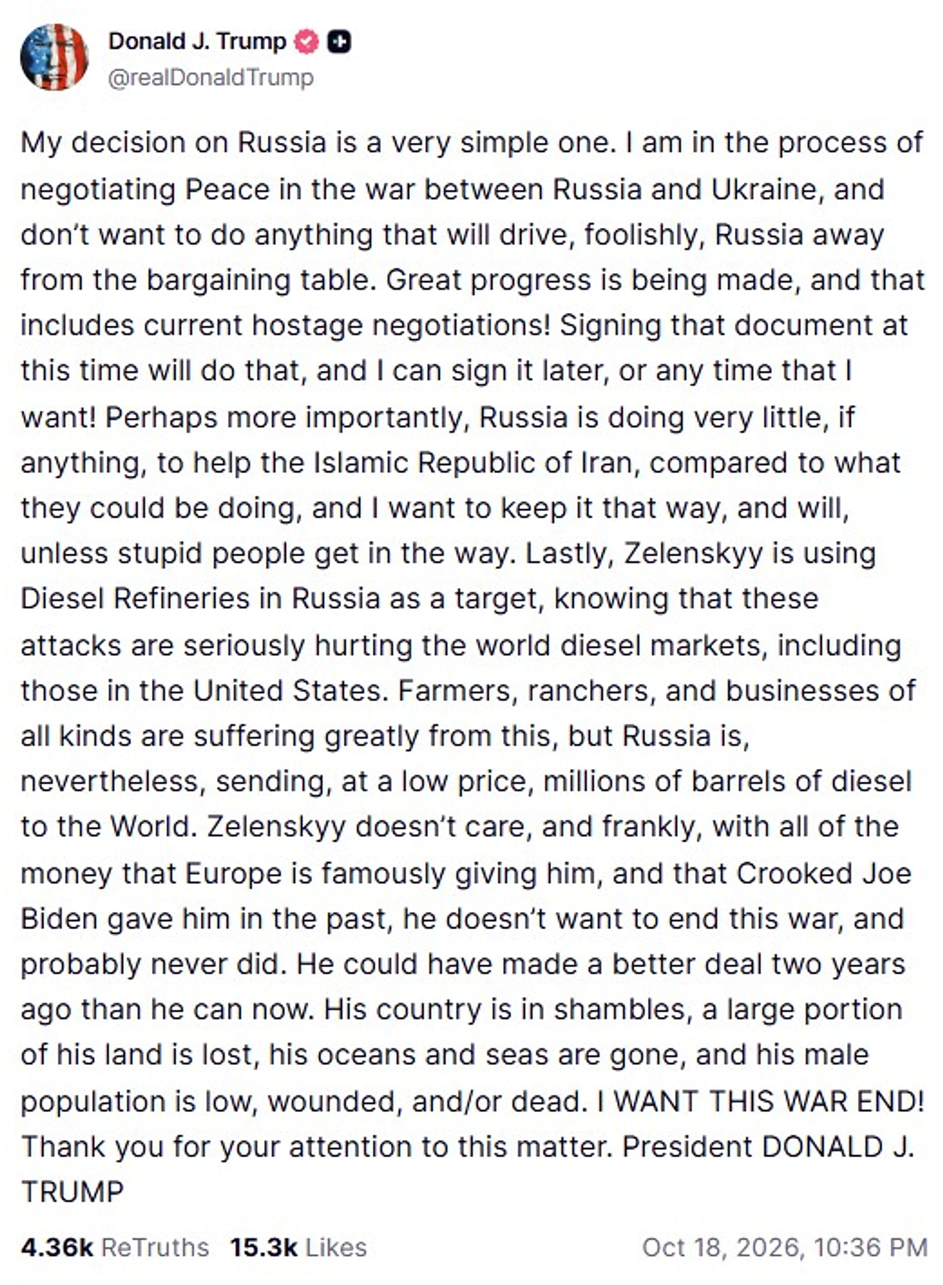A screenshot of a post on US President Donald Trump's Truth Social account, 19 October, 2026