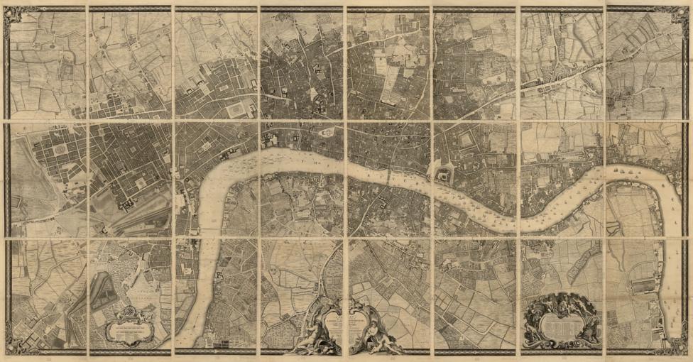 Londonning qadimgi xaritasi, o‘chgan jigarrang va krem ranglarda bosilgan, to‘rtburchak panellarga bo‘lingan. Temza daryosi xaritaning markazidan ilon kabi o‘tib, mayda qayiqlar bilan bezatilgan. Daryo qirg‘oqlarini zich ko‘chalar egallagan, chetlarga borib ular dalalarga aylanadi. Xaritaning pastki hoshiyasini nafis rasmlar va bezakli sarlavha panellari qoplagan.