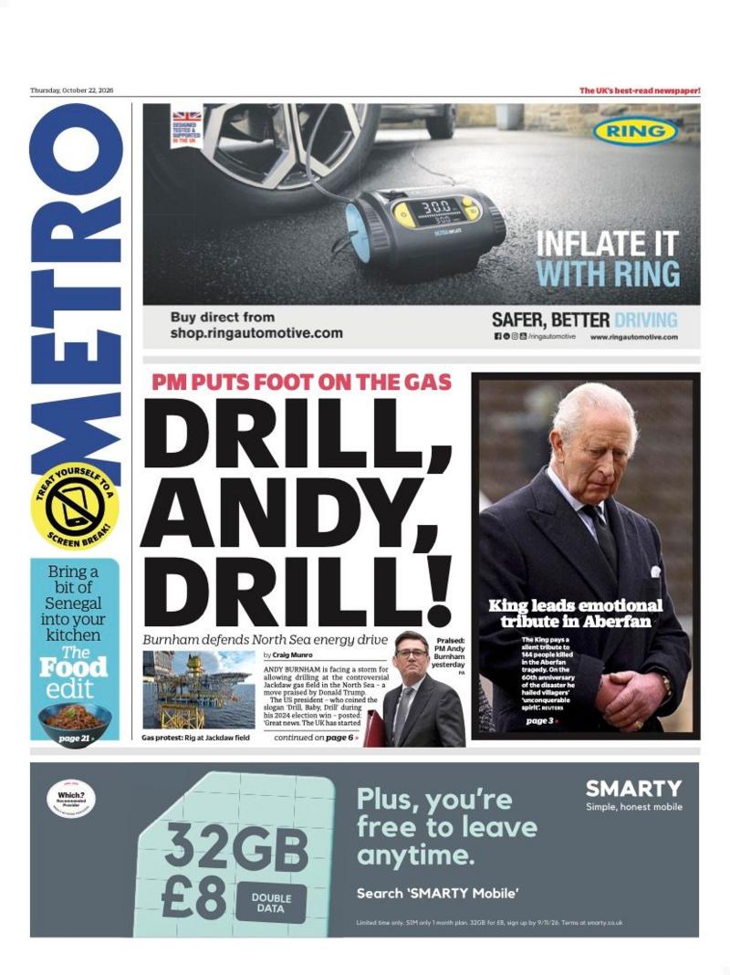 Metro gazetasining birinchi sahifasidagi sarlavha shunday deydi: 'Drill, Andy, Drill!' (Qaz, Endi, Qaz!)